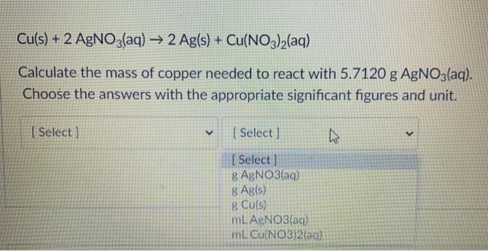 Solved Cu(s) + 2 AgNO3(aq) → 2 Ag(s) + Cu(NO3)2(aq) | Chegg.com