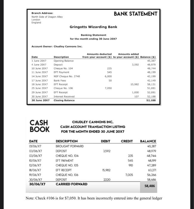 Solved Branch Address: BANK STATEMENT North Side of Diagon | Chegg.com