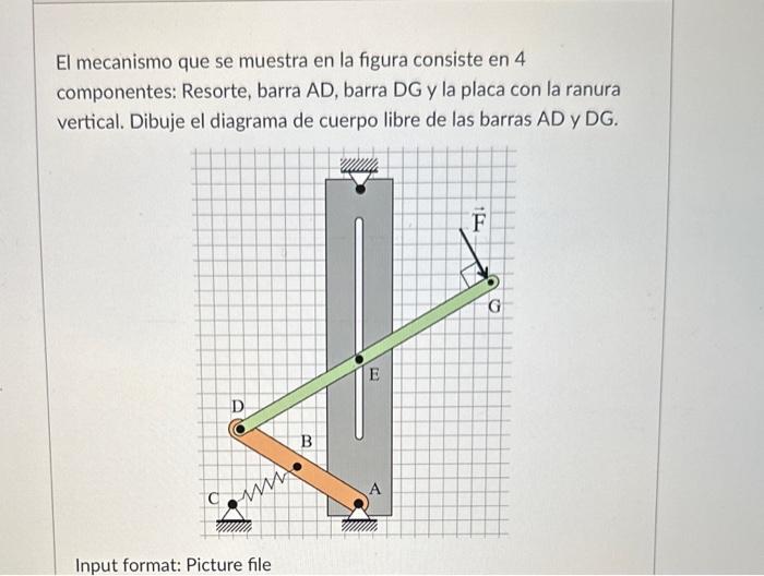 El mecanismo que se muestra en la figura consiste en 4 componentes: Resorte, barra AD, barra DG y la placa con la ranura vert