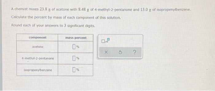 Solved A chemist mixes 23.8 g of acetone with 8.48 g of | Chegg.com