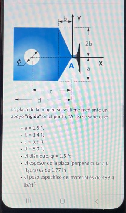 La placa de la imagen se sostiene mediante un apoyo rigido en el punto, A. Si se sabe que: - \( a=1.8 \mathrm{ft} \) - \(