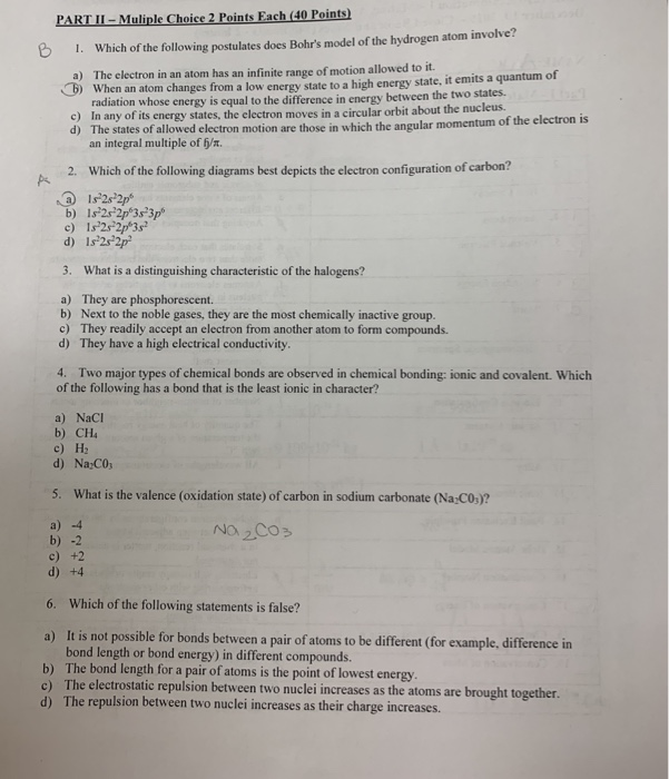 Solved Part Ii - Muliple Choice 2 Points Each (40 Points) B 