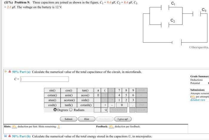 Solved 11 Problem 9 Three Capacitors Are Joined As Shown Chegg Com   Image