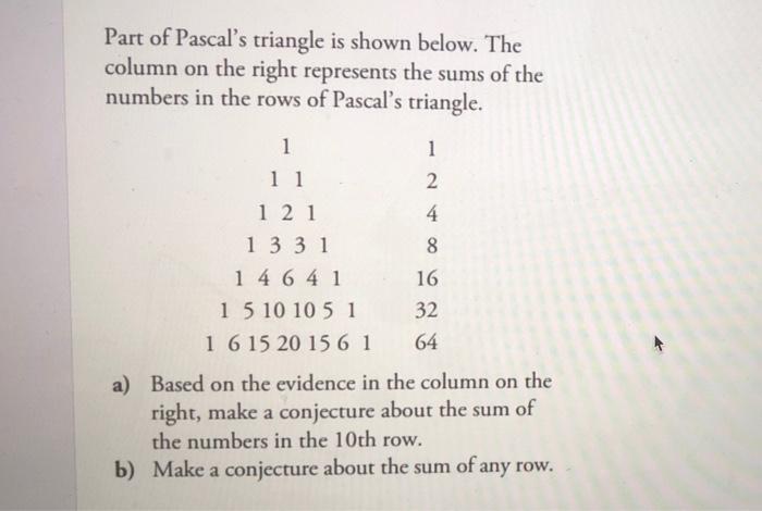 Solved Part of Pascal's triangle is shown below. The column | Chegg.com