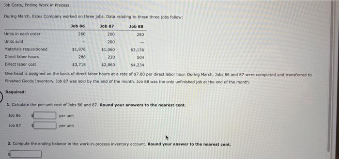 Solved Job Costs, Ending Work In Process During March, Estes | Chegg.com