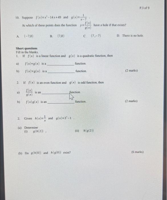 Solved 10 Suppose F X X2−14x 49 And G X X−71 At Which Of