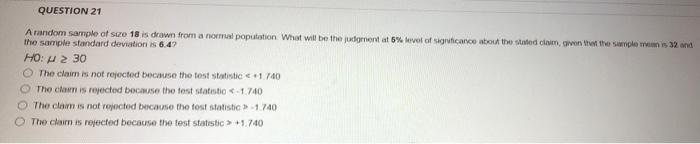 Solved QUESTION 21 A random sample of size 18 is drawn from | Chegg.com