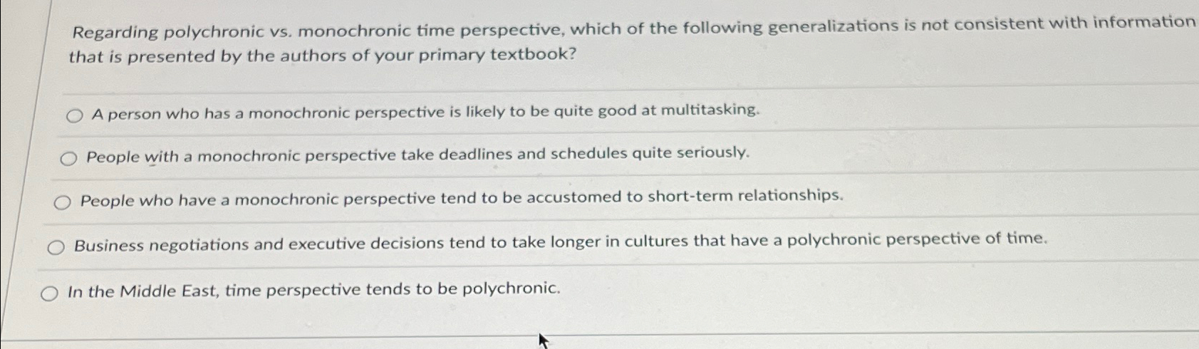 Solved Regarding Polychronic Vs. ﻿monochronic Time | Chegg.com