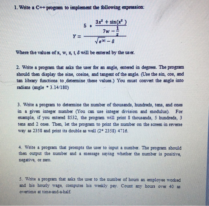 Solved 1. Write a C++ program to implement the following | Chegg.com