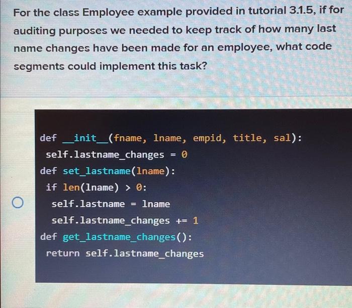 Solved For the class Employee example provided in tutorial | Chegg.com