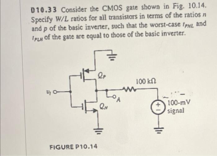 Solved D 10.33 Consider the CMOS gate shown in Fig. 10.14. | Chegg.com