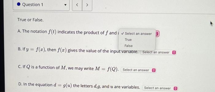 Solved True or False. A. The notation f(t) indicates the | Chegg.com