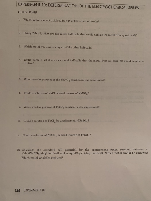 Experiment 10 Determination Of The Electrochemical Chegg 