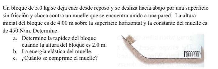 Un bloque de \( 5.0 \mathrm{~kg} \) se deja caer desde reposo y se desliza hacia abajo por una superficie sin fricción y choc