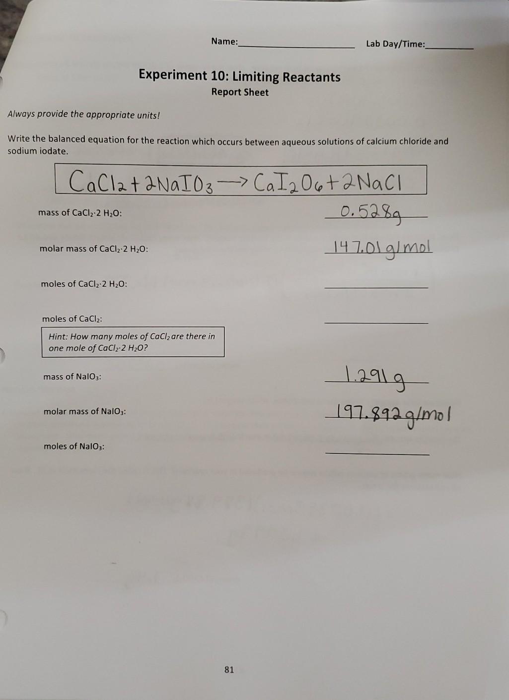 Solved Name: Lab Day/Time: Experiment 10: Limiting Reactants | Chegg.com