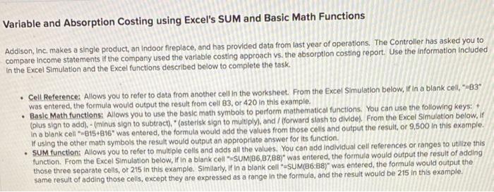 Solved Variable and Absorption Costing using Excel's SUM and | Chegg.com