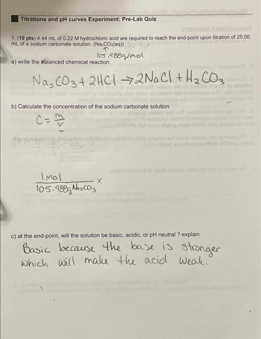 Solved Titrations and pH curves Experiment PreLab Quiz 1.