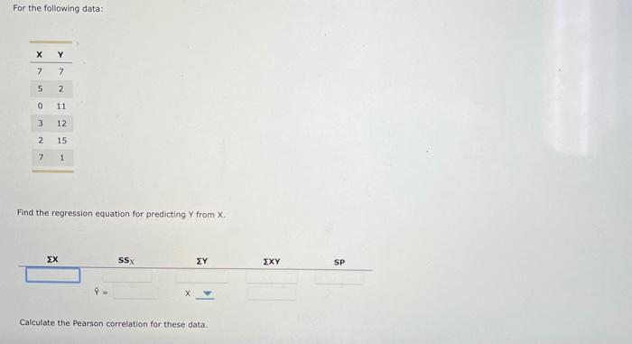 Solved For the following data: Find the regression equation | Chegg.com