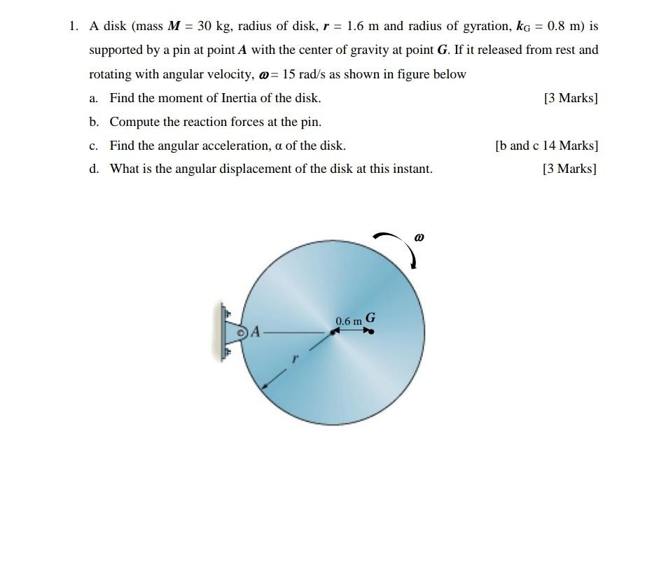 Solved 1. A disk (mass M=30 kg, radius of disk, r=1.6 m and