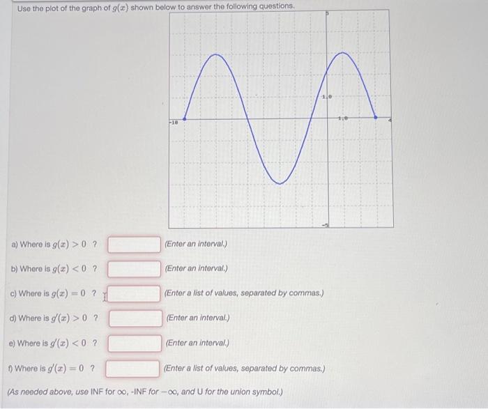 c) Where is \( g(x)=0 \) ?
(Enter a list of values, separated by commas.)
d) Where is \( g^{\prime}(x)>0 \) ?
(Enter an inter