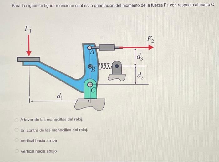 Para la siguiente figura mencione cual es la orientación del momento de la fuerza \( \mathrm{F}_{1} \) con respecto al punto