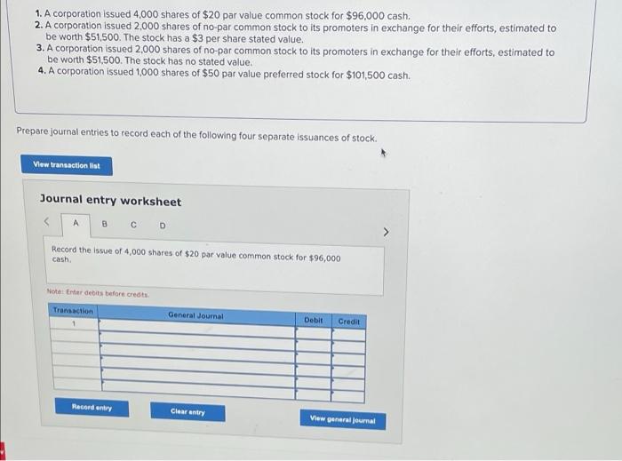 Solved 1. A Corporation Issued 4,000 Shares Of $20 Par Value | Chegg.com