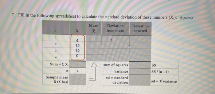 Solved 7. Fill in the following spreadsheet to calculate the | Chegg.com