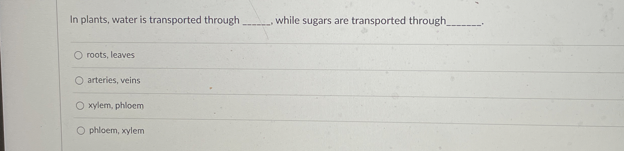 Solved In plants, water is transported through q, ﻿while | Chegg.com