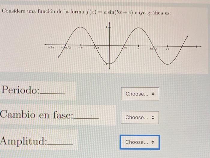 Considere una función de la forma f(x) = a sin(bx + c) cuya gráfica es: Ant -27 4x/2 3*X2 Periodo: Choose... Cambio en fase: