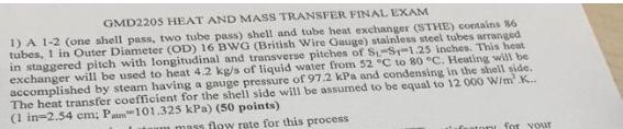 Solved GMD220S HEAT AND MASS TRANSFER FINAL EXAM 1) A 1-2 | Chegg.com