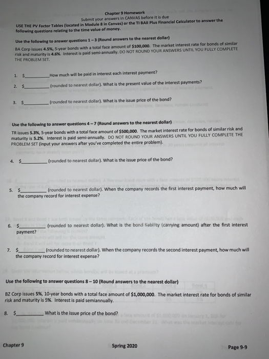 Solved Chapter 9 Homework Submit your answers in CANVAS | Chegg.com