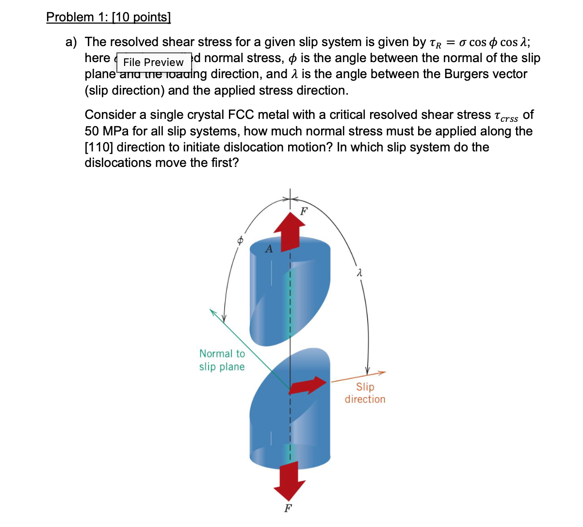 Problem 1: [10 ﻿points]The resolved shear stress for | Chegg.com
