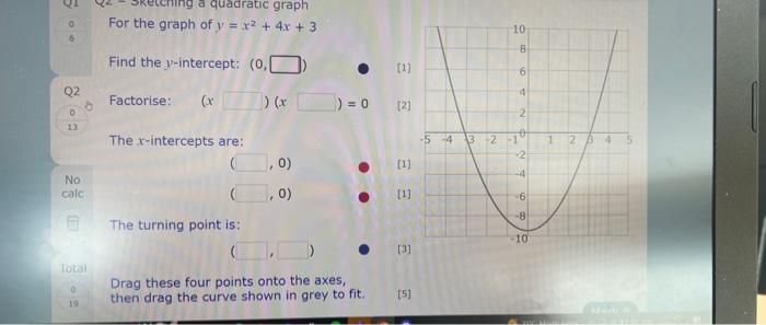 For the graph of \( y=x^{2}+4 x+3 \)
Find the \( y \)-intercept: \( (0 \),
Factorise: \( \quad(x \quad)(x-0 \)
The \( x \)-in
