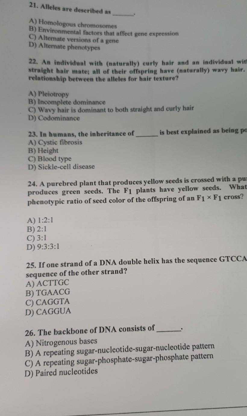 Solved 21. Alleles are described as A) Homologous | Chegg.com