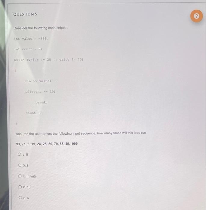 Solved QUESTION 5 2 Consider the following code snippet int | Chegg.com