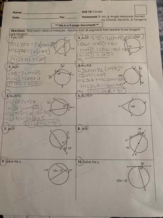 geometry unit 10 circles homework 7 answer key