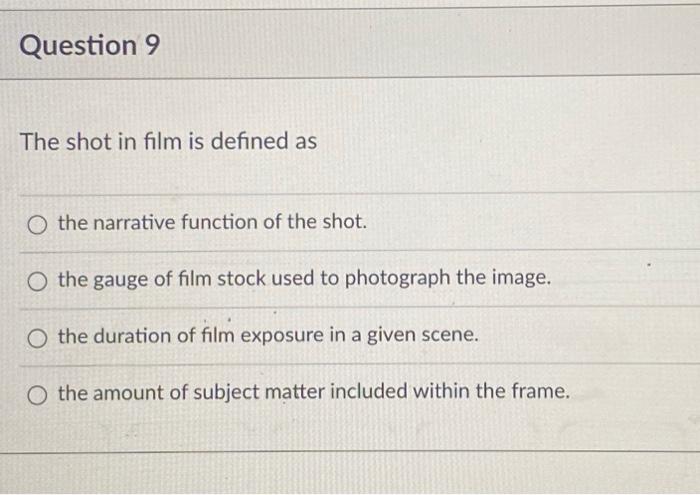 The shot in film is defined as the narrative function | Chegg.com