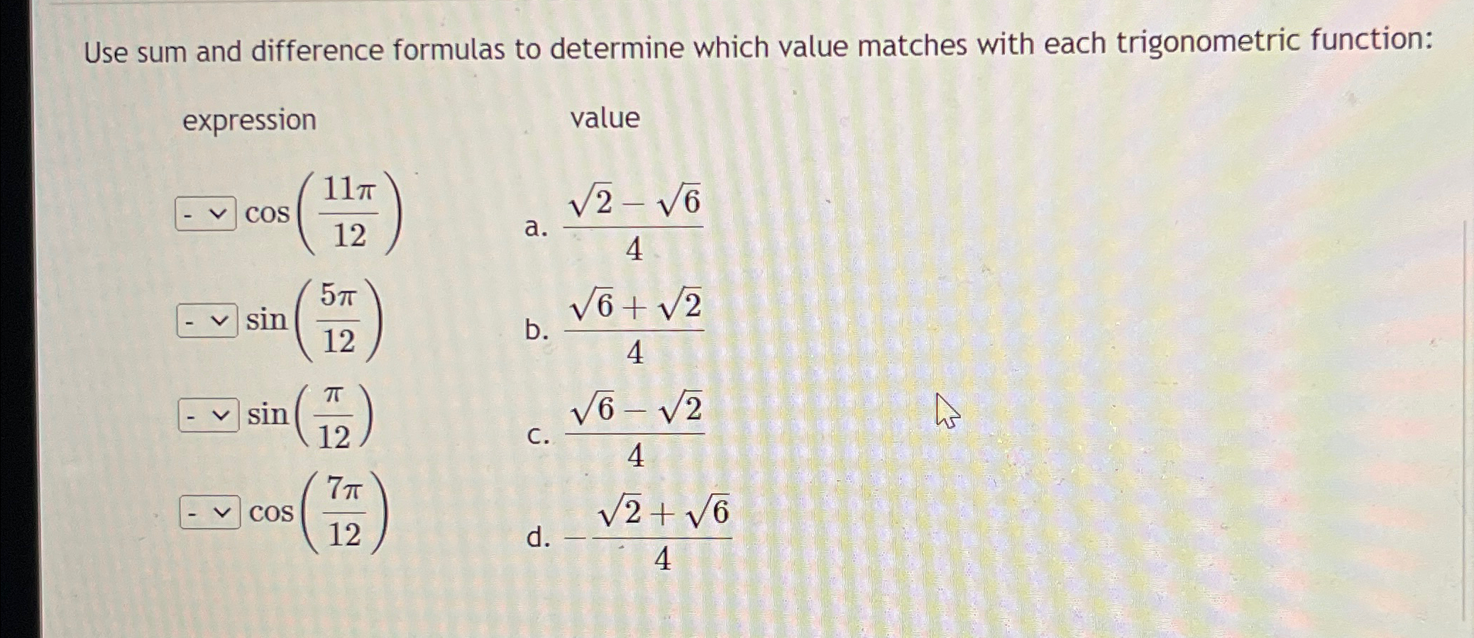 Solved Use sum and difference formulas to determine which | Chegg.com
