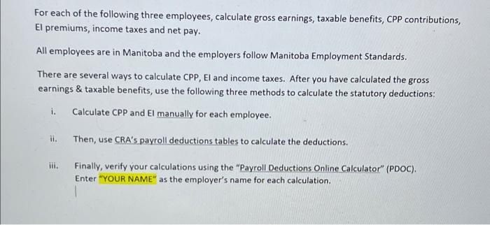 Part 2 For each of the following three employees, | Chegg.com