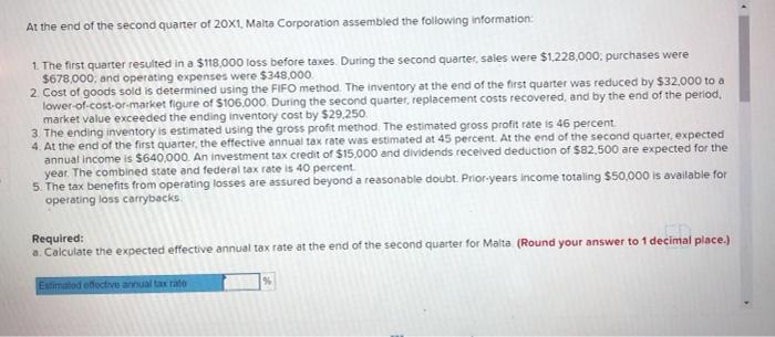 Solved . At the end of the second quarter of 20X1. Malta | Chegg.com