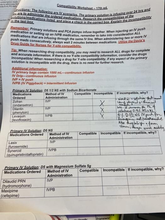 Compatibilty Worksheet - 17th ed. rection Ph in the last box. prescription oder nie LPO del solutions/medications listed and