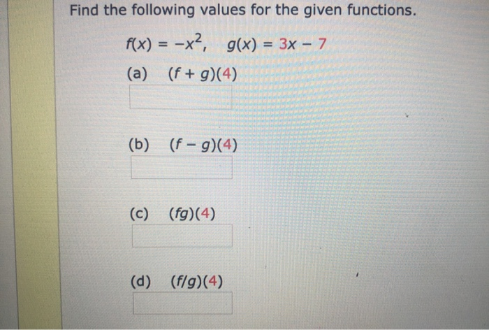 Solved Find the following values for the given functions. | Chegg.com