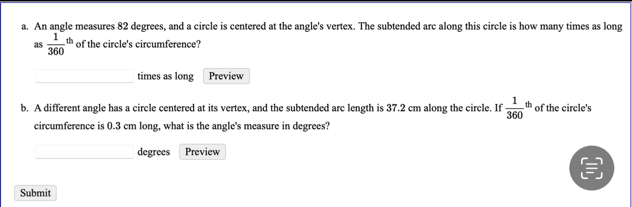 Solved a. ﻿An angle measures 82 ﻿degrees, and a circle is | Chegg.com