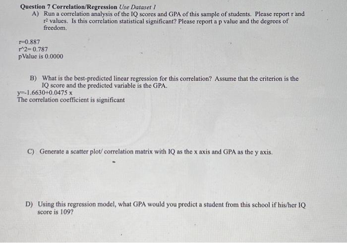 Question 7 Correlation/Regression Use Dataset I A) | Chegg.com