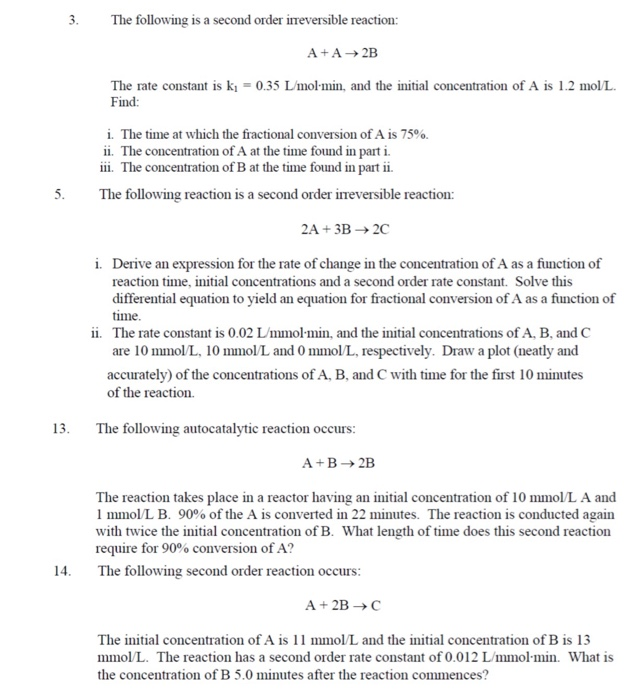 Solved 3. The following is a second order irreversible | Chegg.com