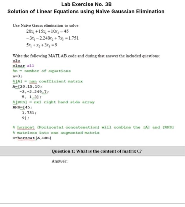 Solved Lab Exercise No. 3B Solution of Linear Equations | Chegg.com