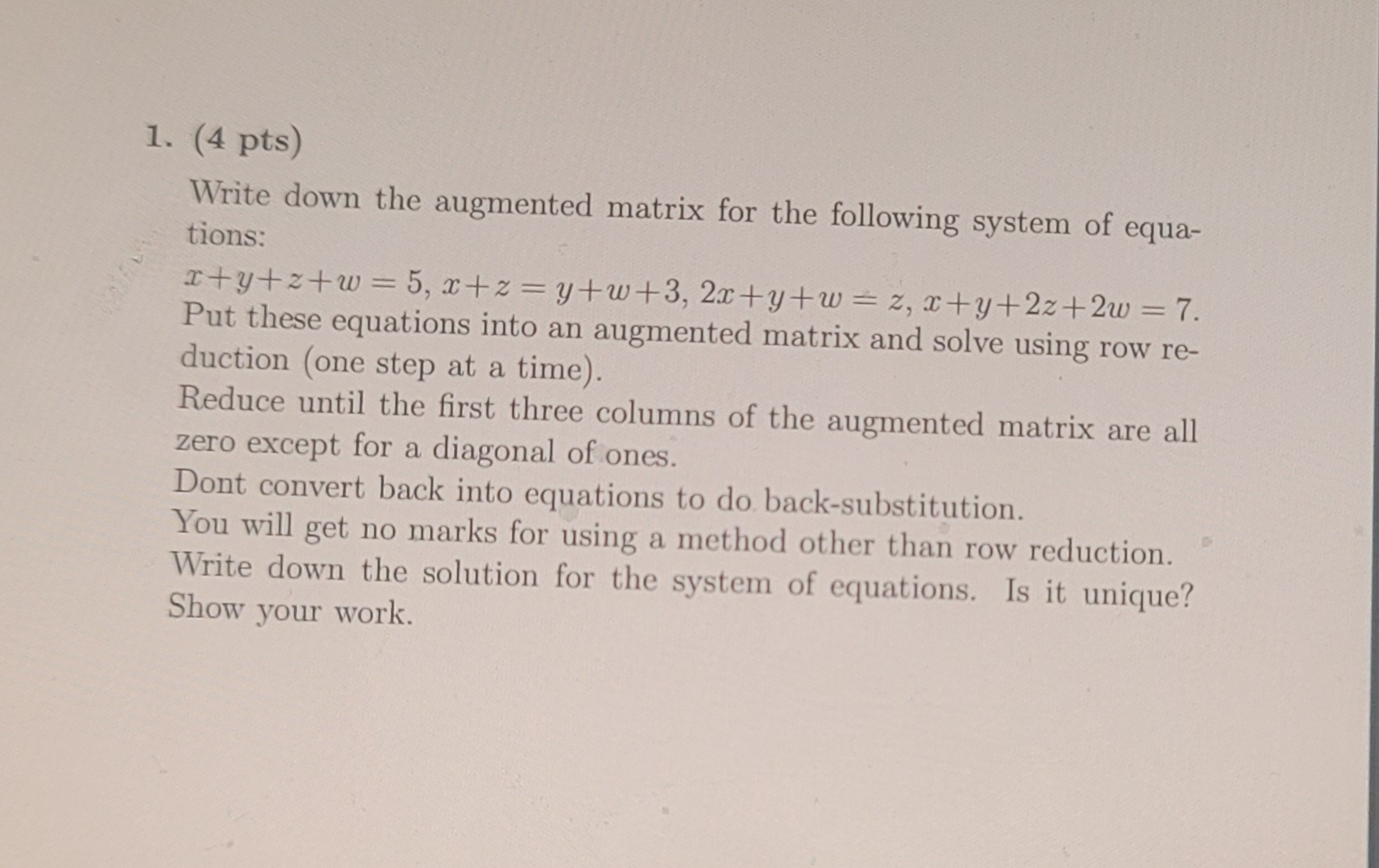 Solved (4 ﻿pts)Write down the augmented matrix for the | Chegg.com