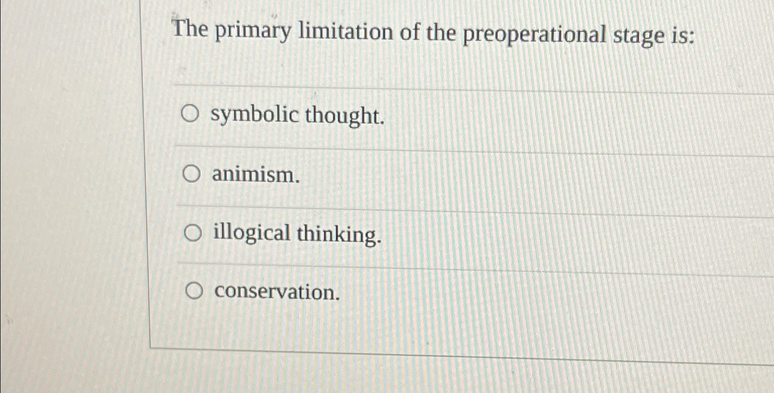 Solved The primary limitation of the preoperational stage Chegg