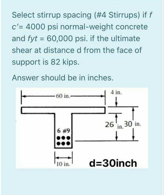 Solved Select stirrup spacing (4 Stirrups) if f c'= 4000