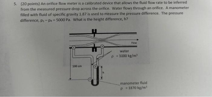 (20 points) An orifice flow meter is a calibrated device that allows the fluid flow rate to be inferred from the measured pre